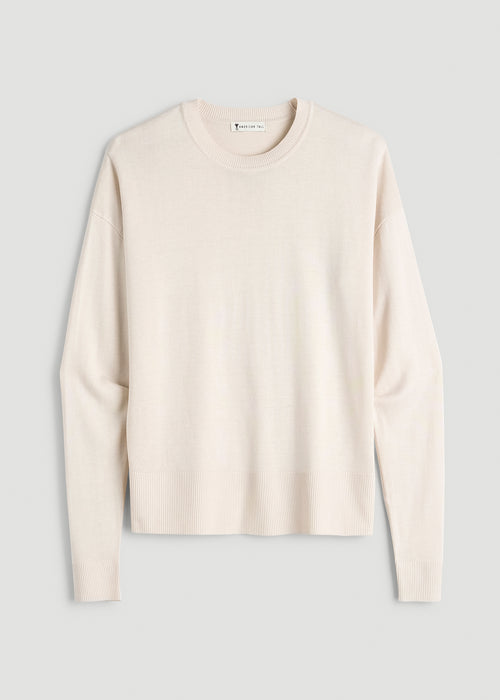 Linen Blend Knit Crewneck for Tall Women in White Sand