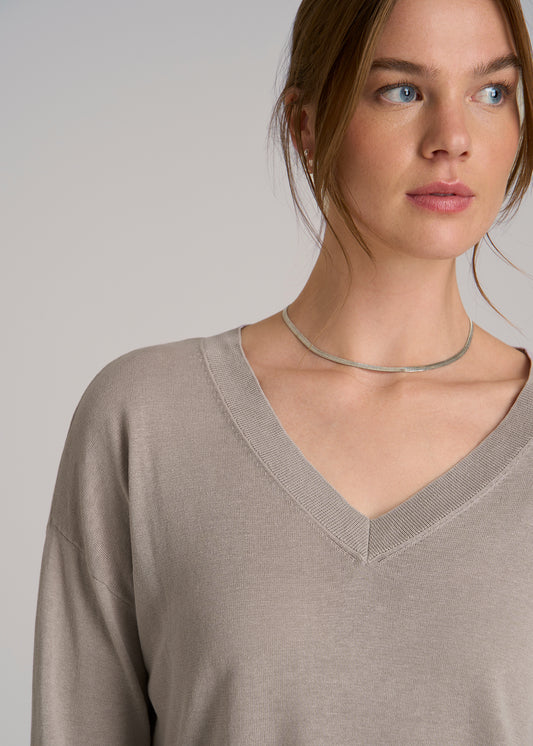 Linen Blend Split Hem V-Neck Sweater for Tall Women in Atmosphere