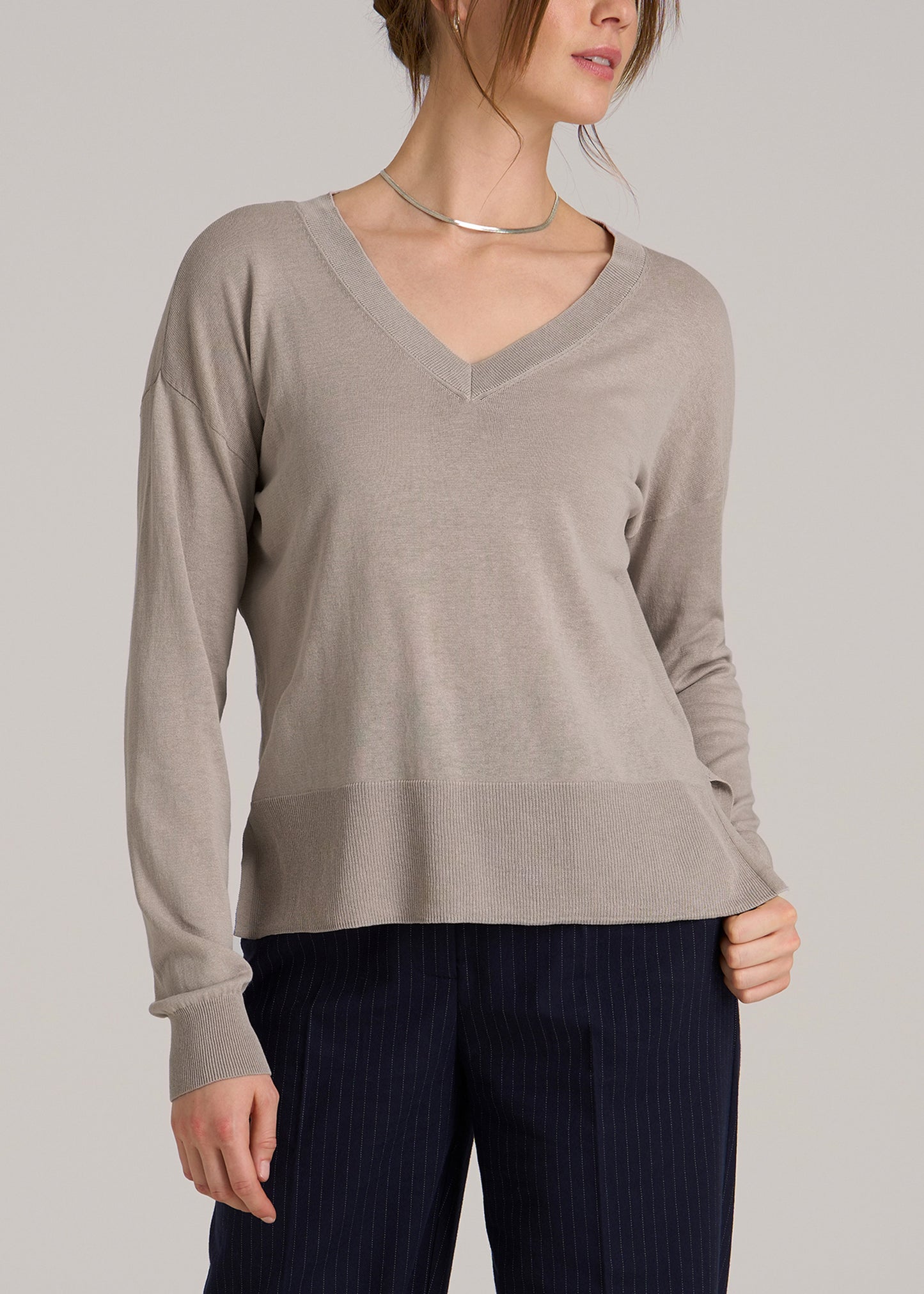 Linen Blend Split Hem V-Neck Sweater for Tall Women in Atmosphere