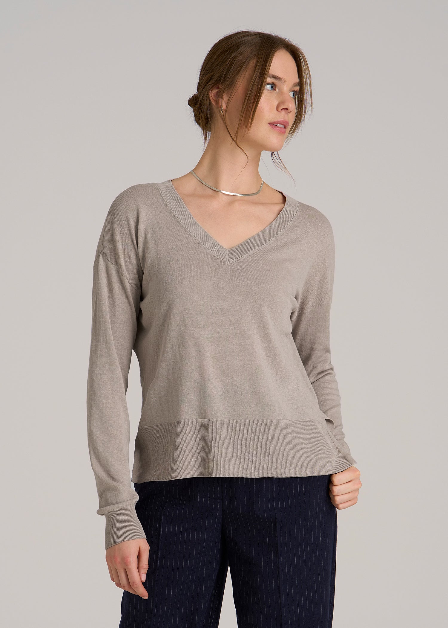 Linen Blend Split Hem V-Neck Sweater for Tall Women in Atmosphere