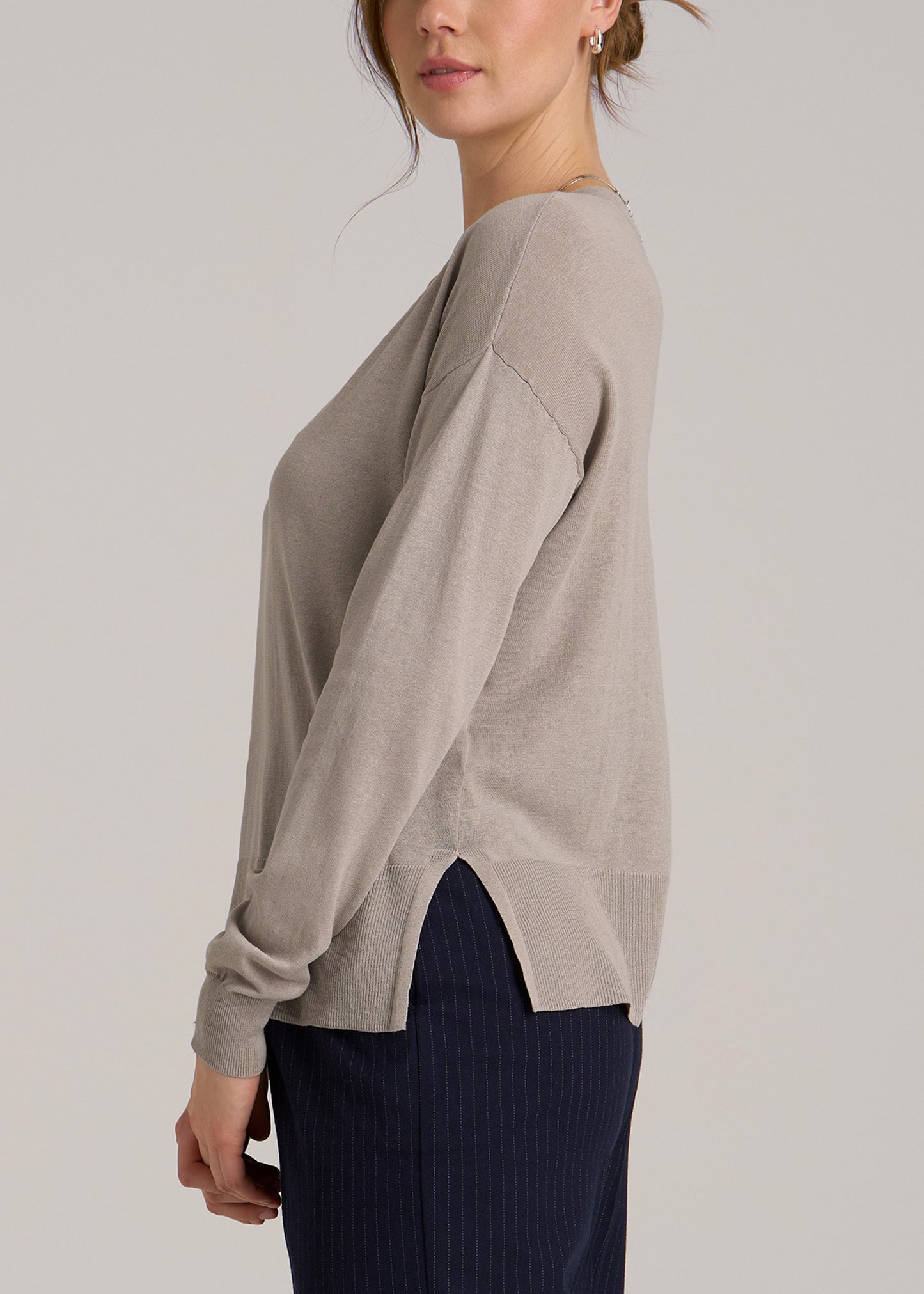 Linen Blend Split Hem V-Neck Sweater for Tall Women in Atmosphere