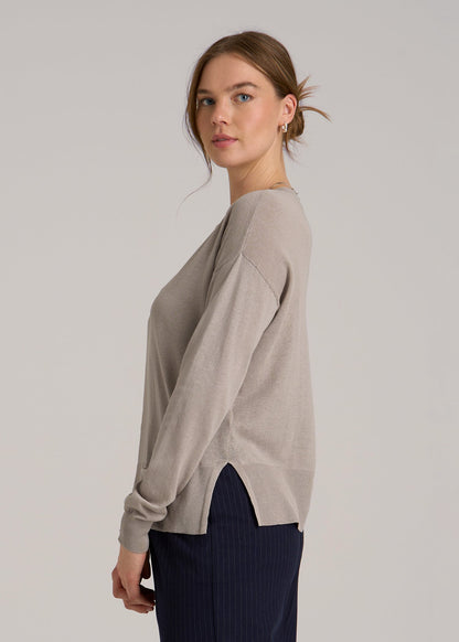 Linen Blend Split Hem V-Neck Sweater for Tall Women in Atmosphere