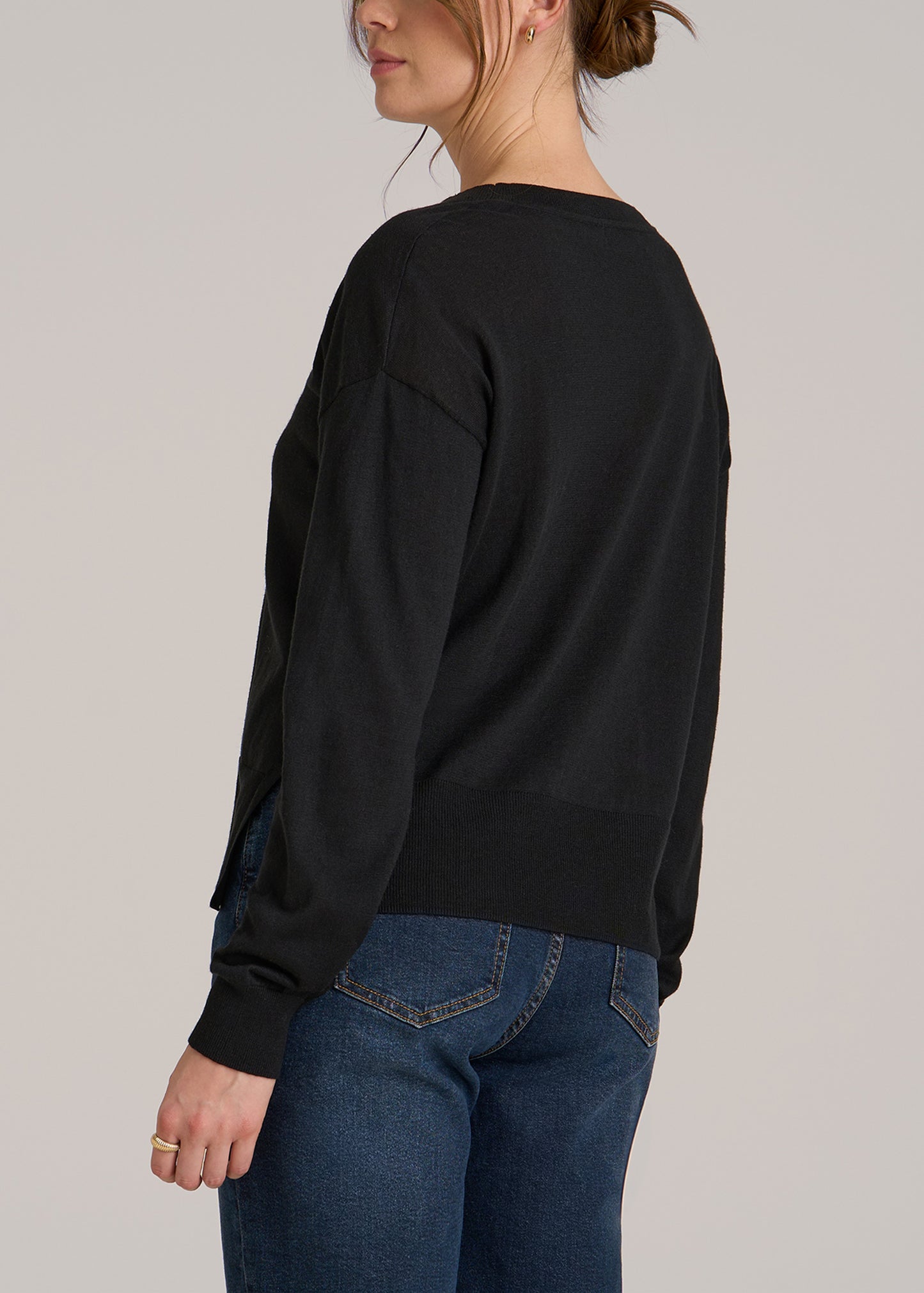 Linen Blend Split Hem V-Neck Sweater for Tall Women in Black