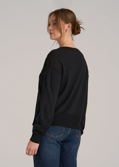 Linen Blend Split Hem V-Neck Sweater for Tall Women in Black