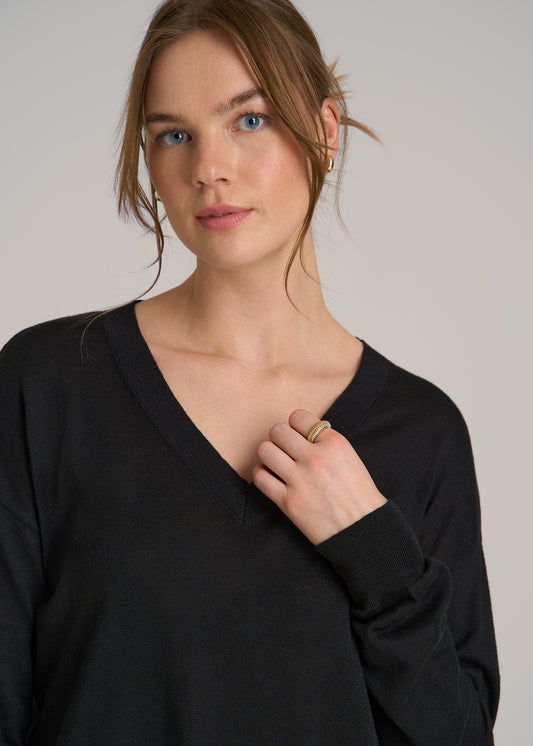 Linen Blend Split Hem V-Neck Sweater for Tall Women in Black