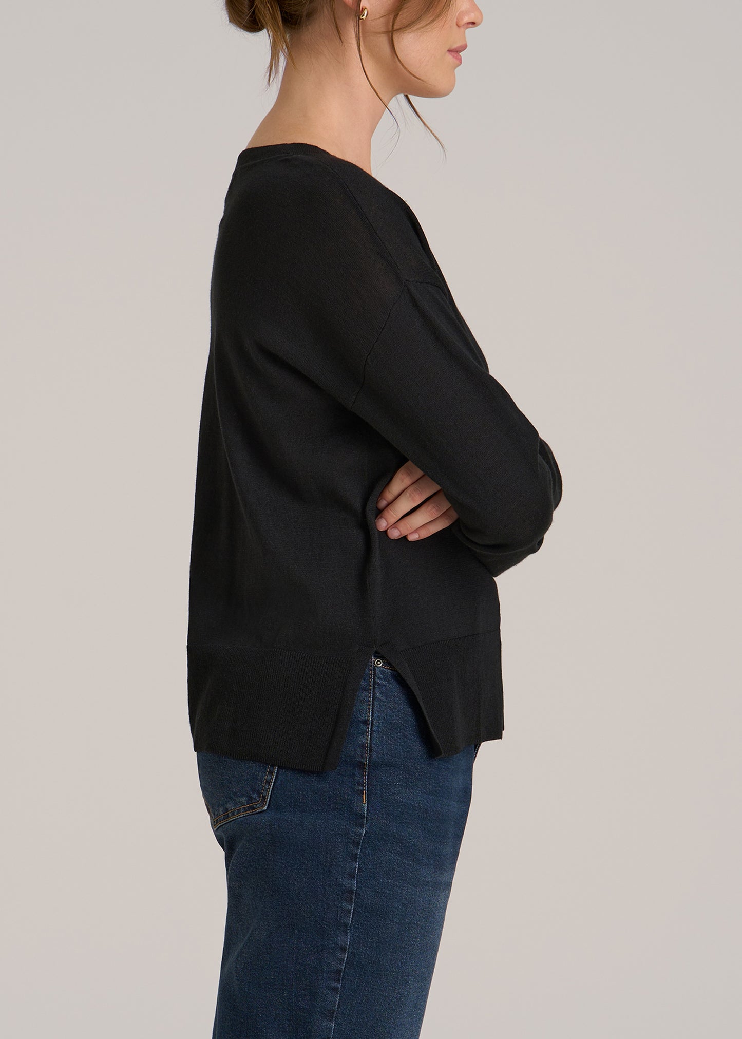 Linen Blend Split Hem V-Neck Sweater for Tall Women in Black