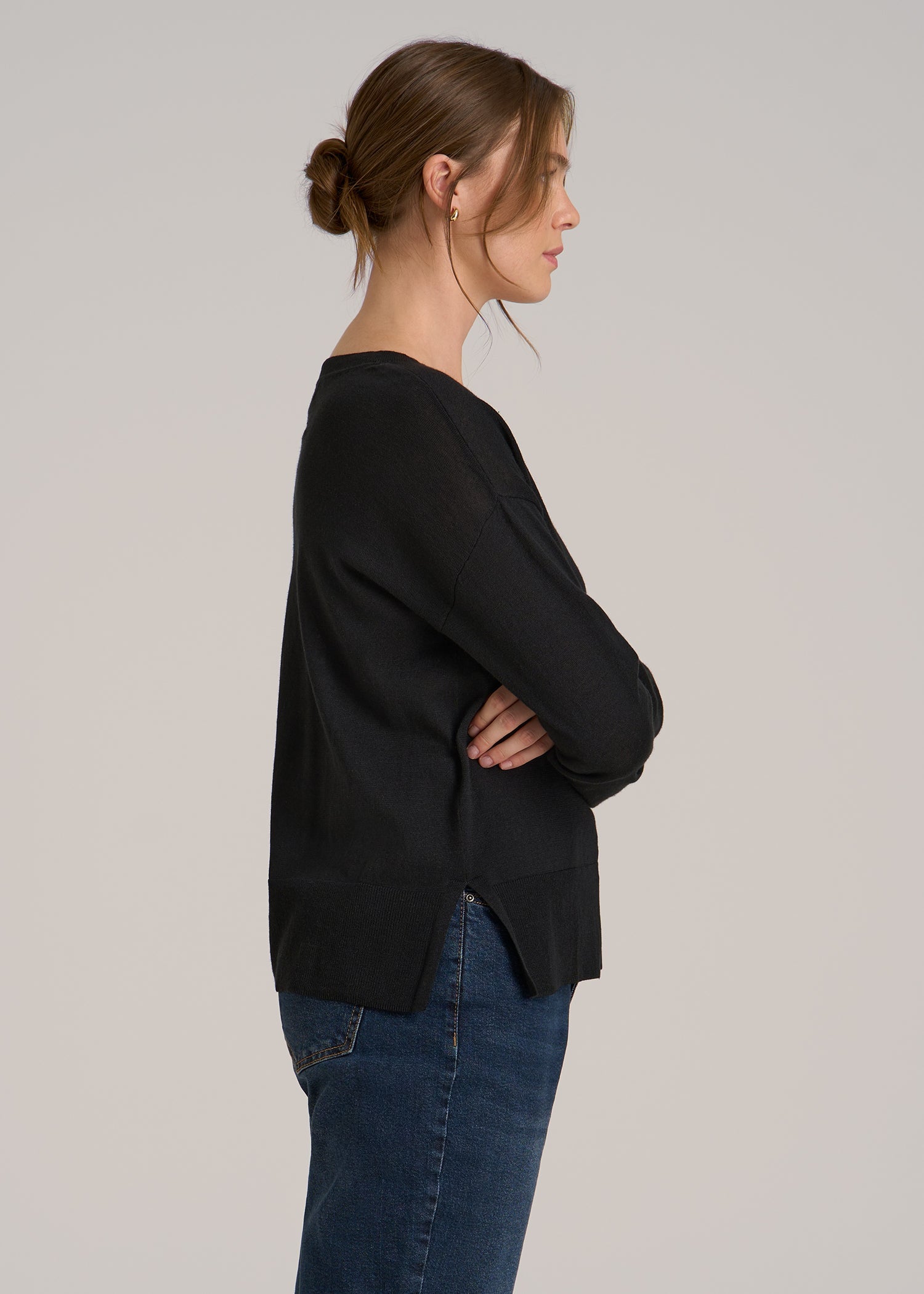 Linen Blend Split Hem V-Neck Sweater for Tall Women in Black