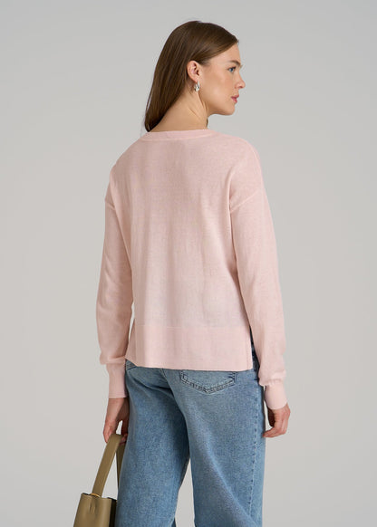 Linen Blend Split Hem V-Neck Sweater for Tall Women in Hush Pink
