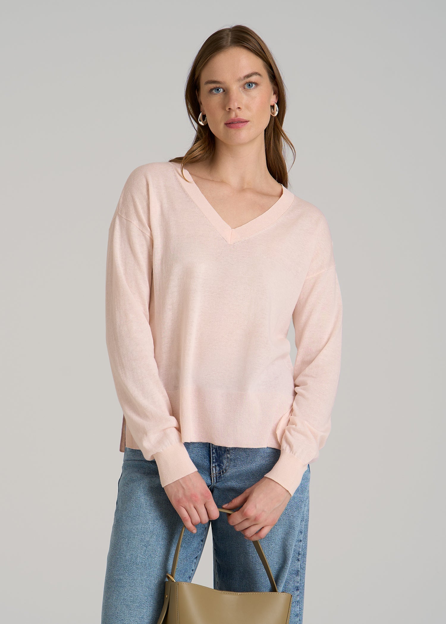 Linen Blend Split Hem V-Neck Sweater for Tall Women in Hush Pink