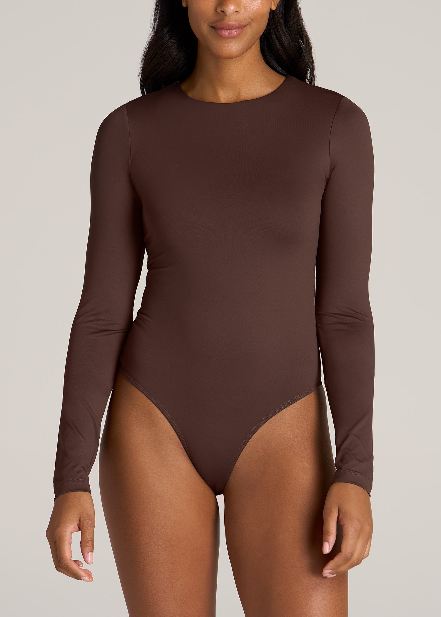 American-Tall-Women-Long-Sleeve-Bodysuit-Chocolate-front