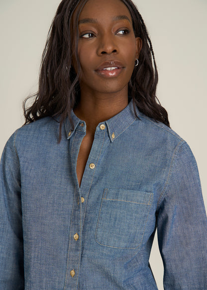 Stretch Chambray Shirt for Tall Women in Mid Blue Chambray
