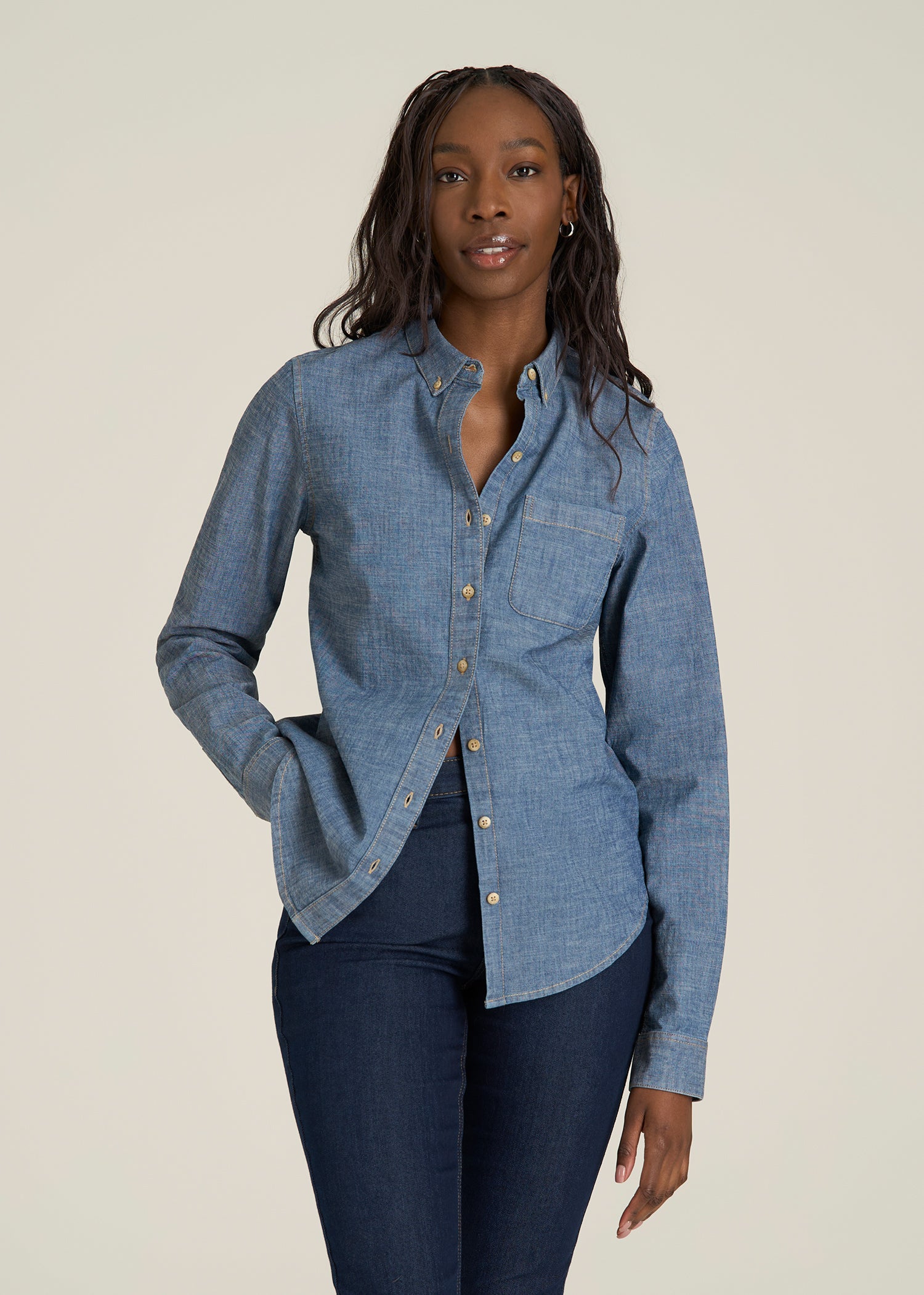 Stretch Chambray Shirt for Tall Women in Mid Blue Chambray