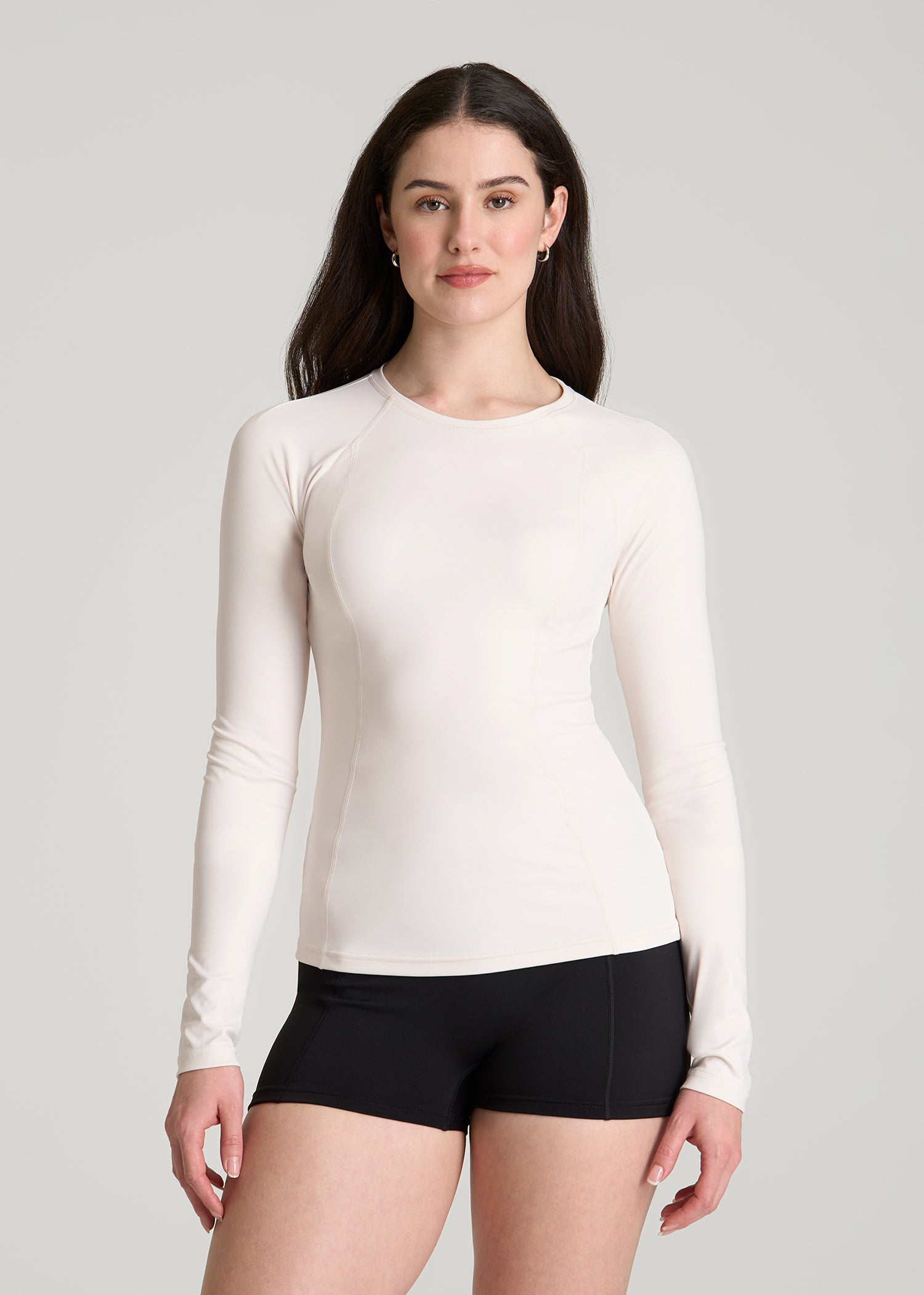 Long Sleeve Crewneck Rashguard for Tall Women in White Sand