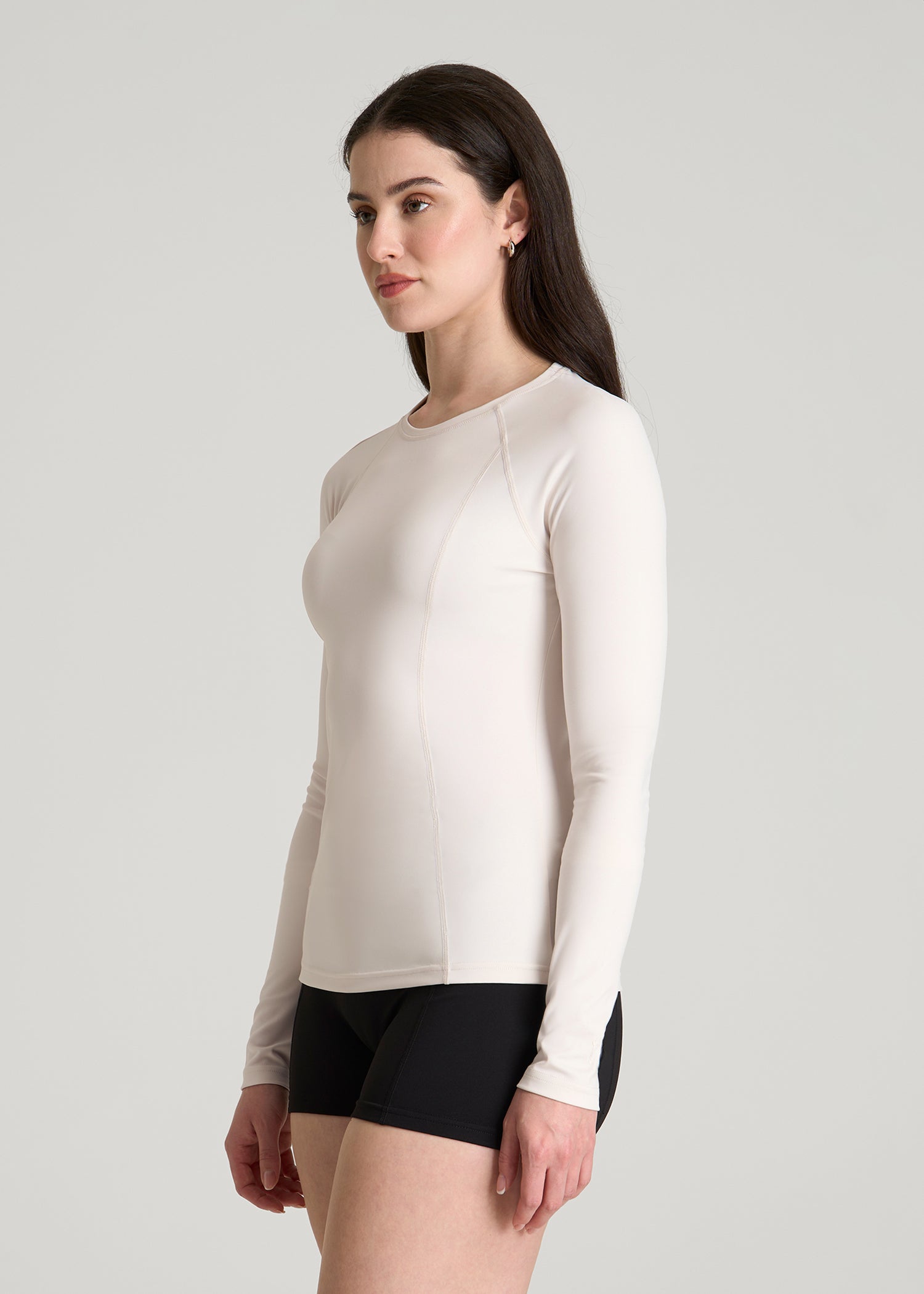 Long Sleeve Crewneck Rashguard for Tall Women in White Sand