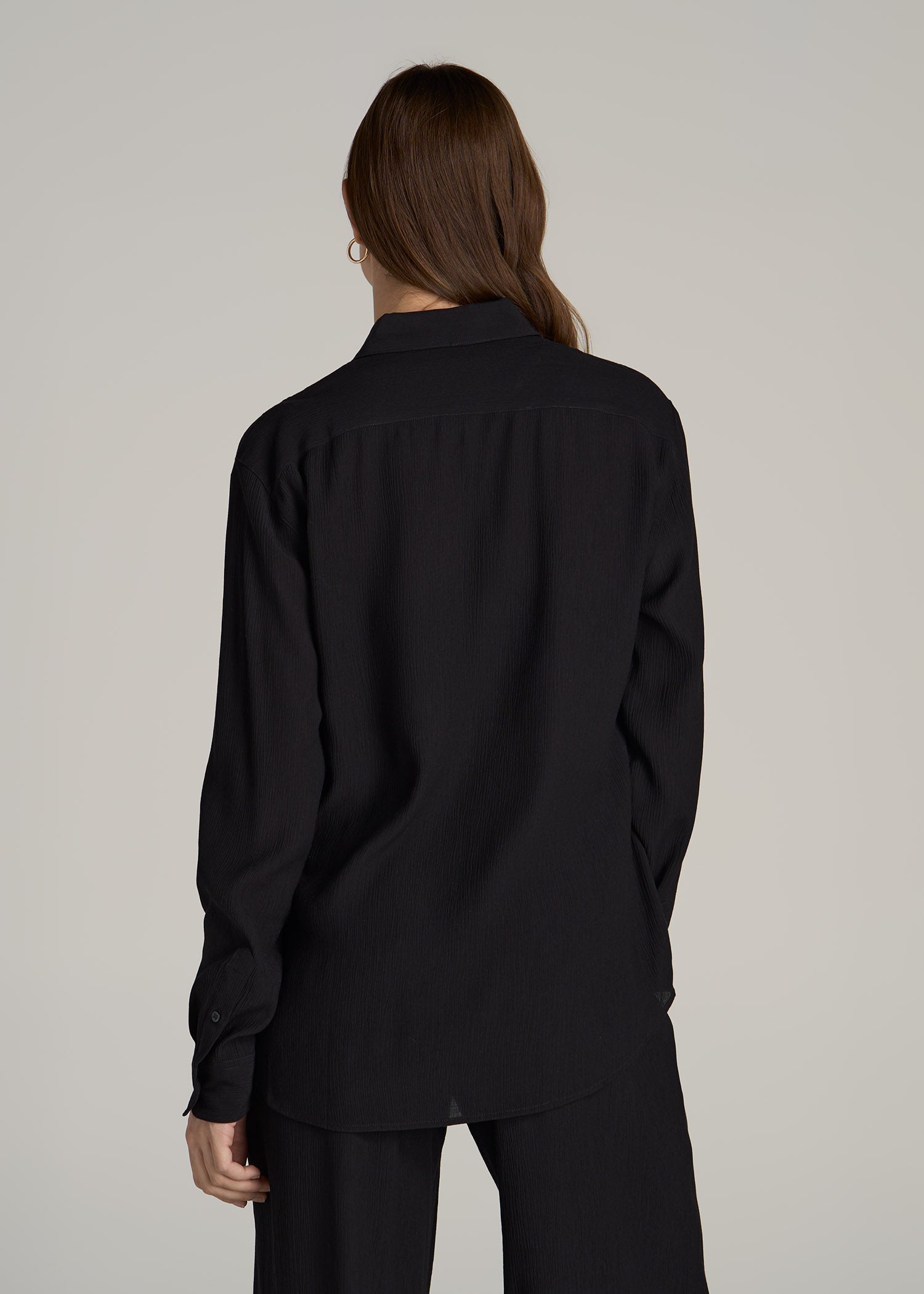 Long Sleeve Crinkle Blouse for Tall Women in Black
