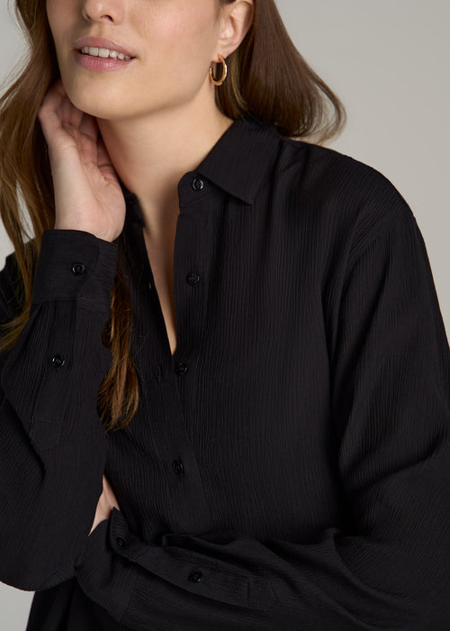 Long Sleeve Crinkle Blouse for Tall Women in Black