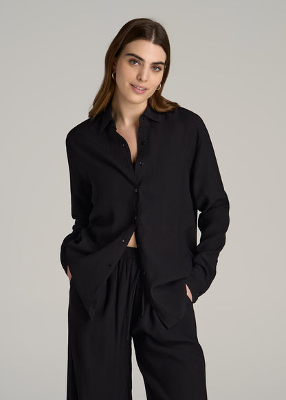 Long Sleeve Crinkle Blouse for Tall Women in Black