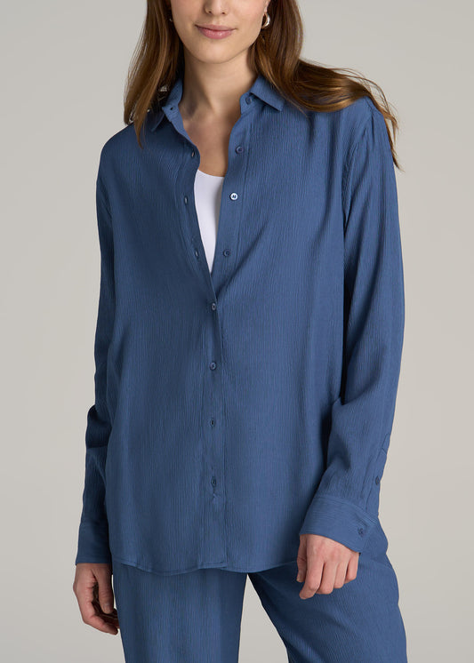 Long Sleeve Crinkle Tall Women's Blouse in Steel Blue