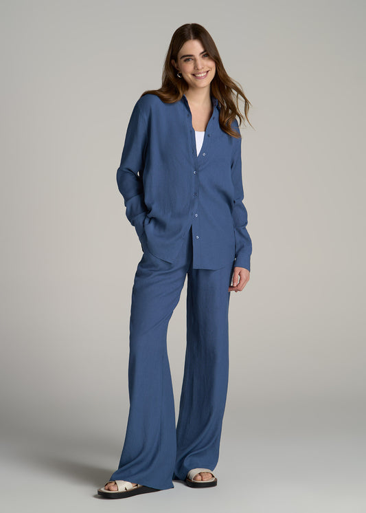 Long Sleeve Crinkle Tall Women's Blouse in Steel Blue