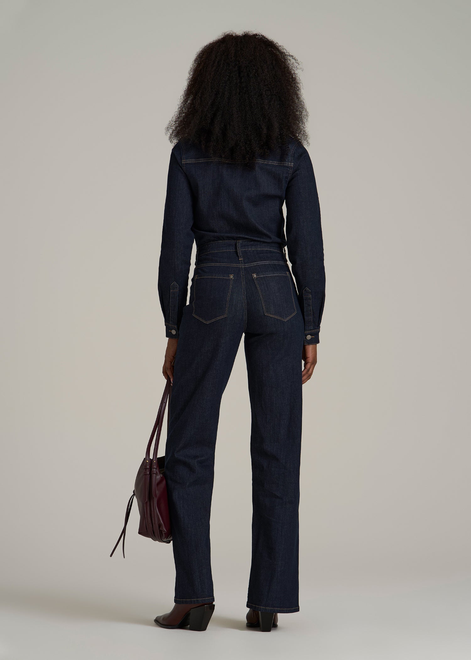 Long Sleeve Denim Jumpsuit for Tall Women in Rinse Wash