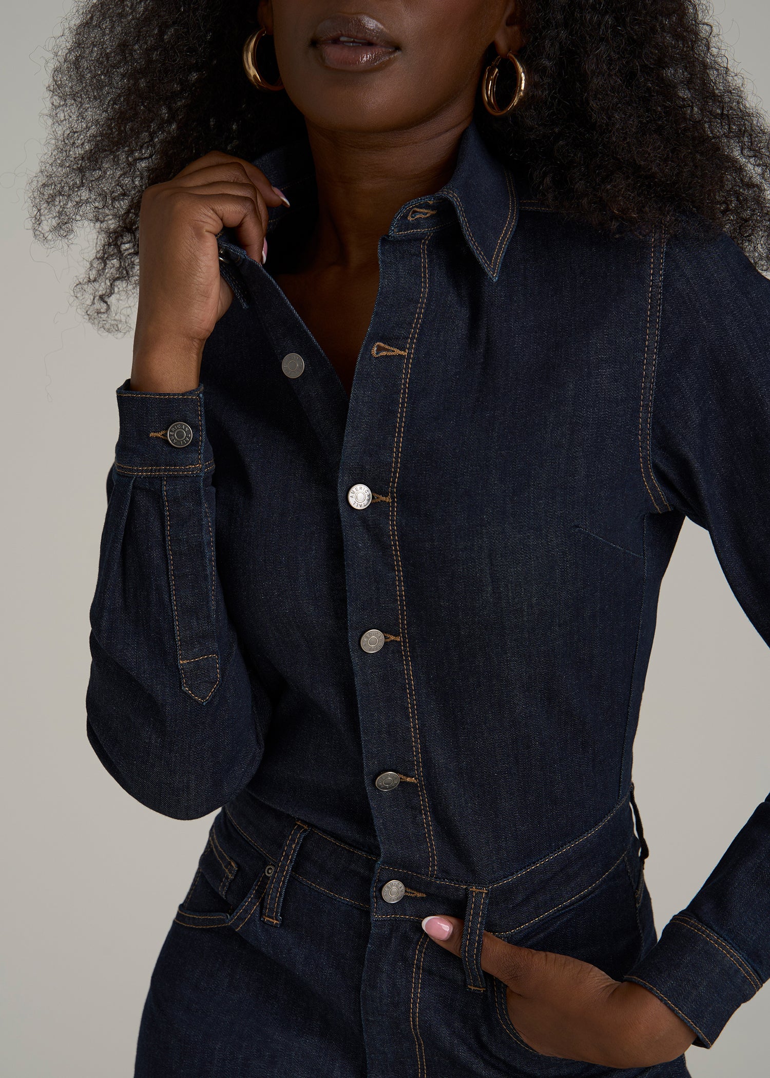 Long Sleeve Denim Jumpsuit for Tall Women in Rinse Wash
