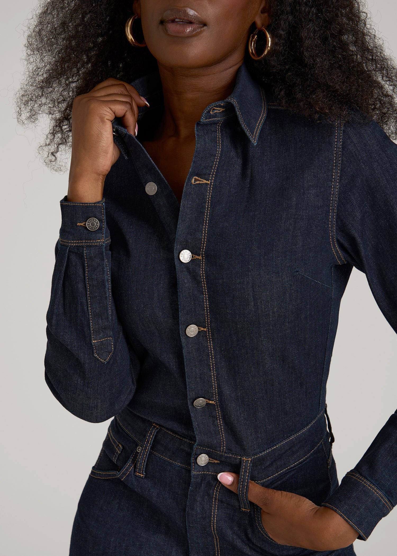 t*o様 SOMETHING AMERIACN SLEEVE ALL IN ON Long Sleeve Denim Jumpsuit for Tall Women | American Tall
