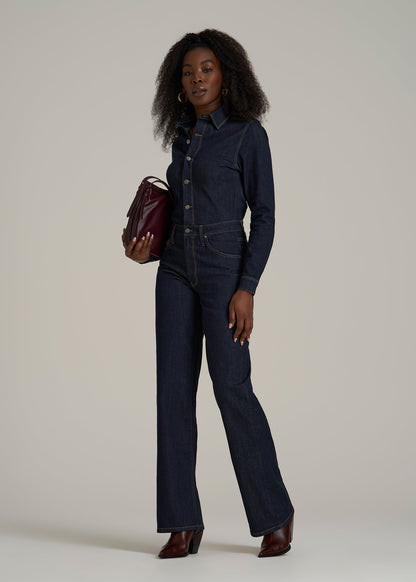 Long Sleeve Denim Jumpsuit for Tall Women in Rinse Wash