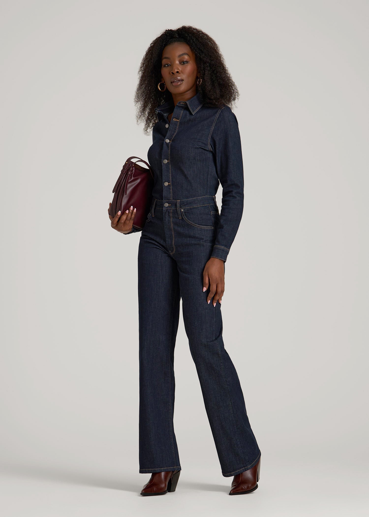 t*o様 SOMETHING AMERIACN SLEEVE ALL IN ON Long Sleeve Denim Jumpsuit for Tall Women | American Tall