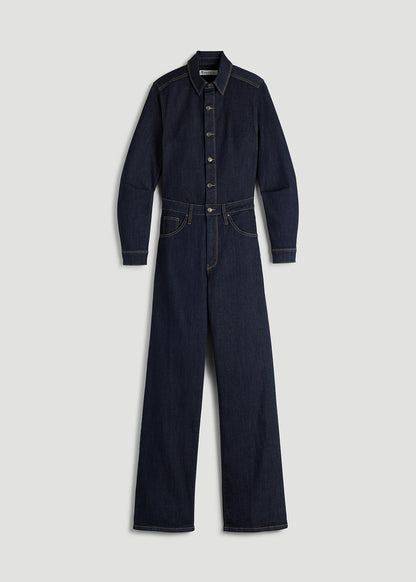 Long Sleeve Denim Jumpsuit for Tall Women in Rinse Wash