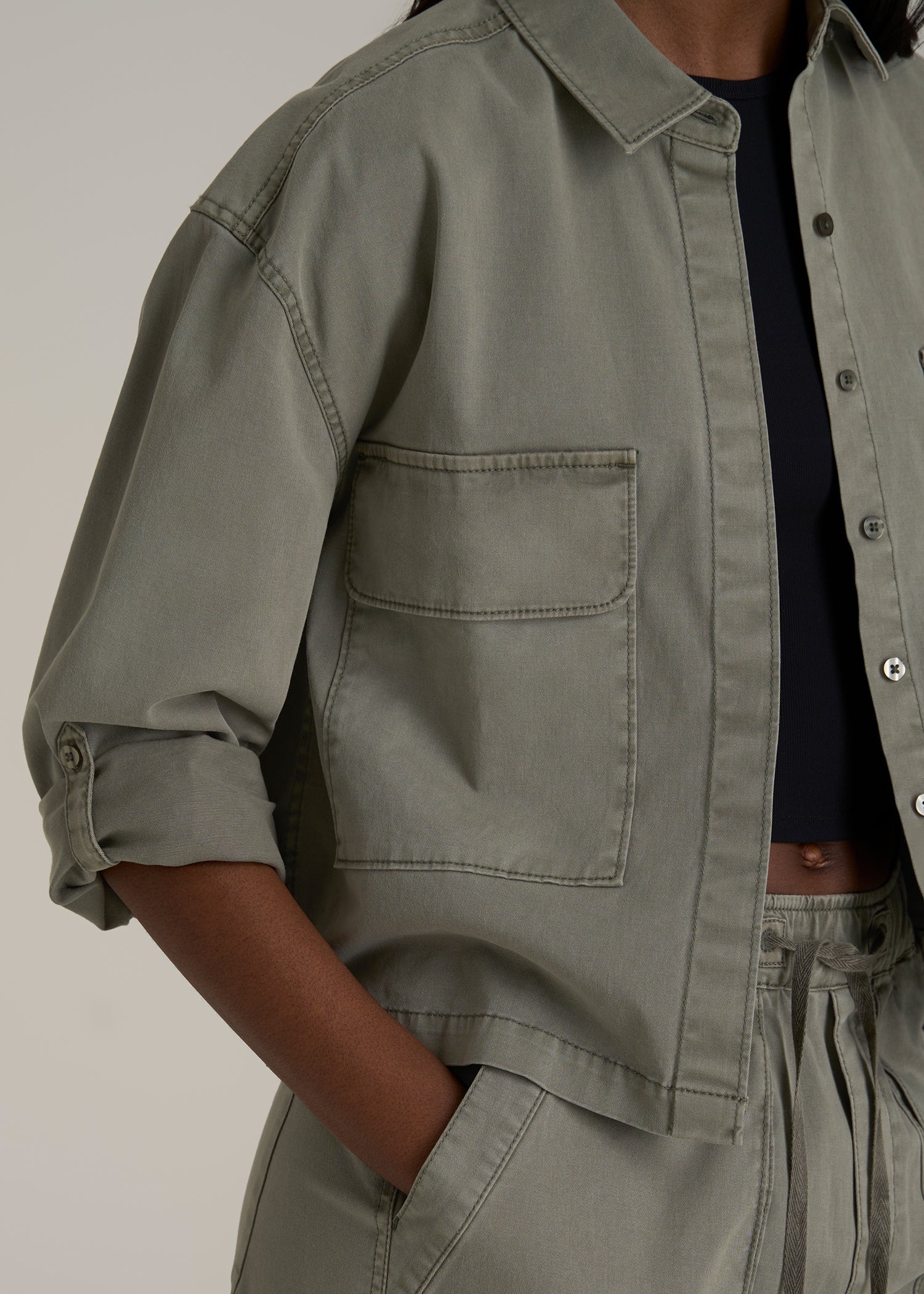 Garment Dyed Utility Shirt for Tall Women in Camper Green