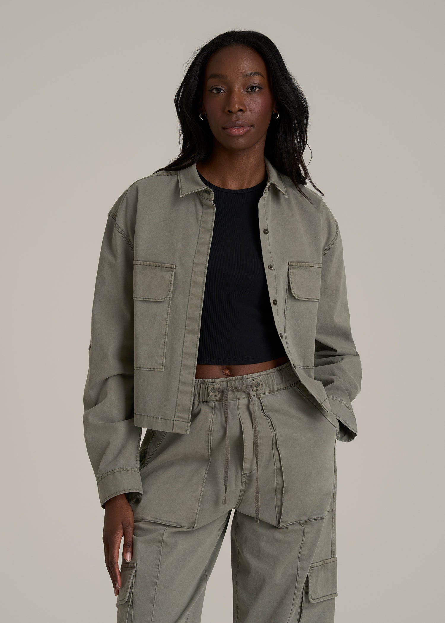 Garment Dyed Utility Shirt for Tall Women in Camper Green