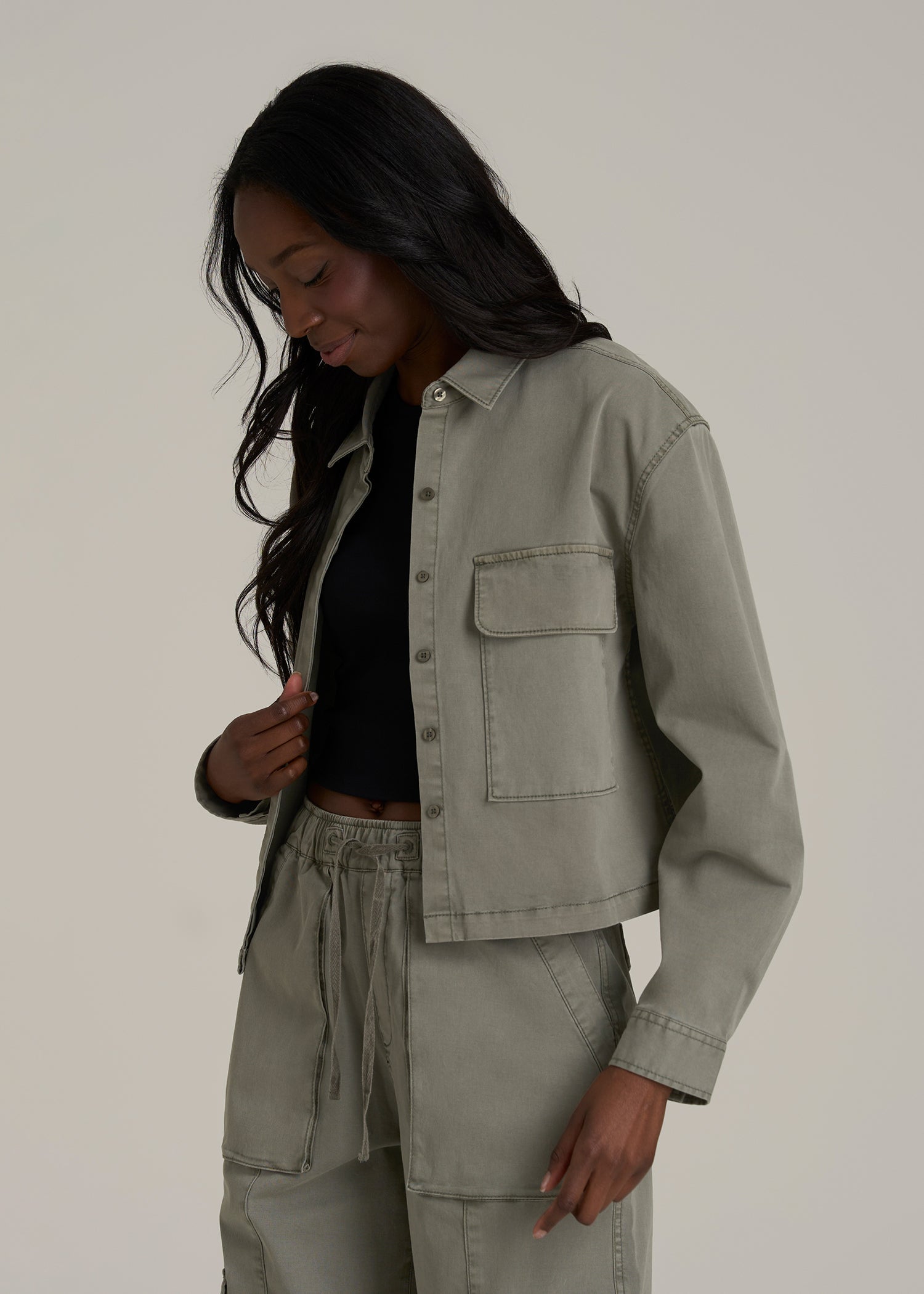 Garment Dyed Utility Shirt for Tall Women in Camper Green