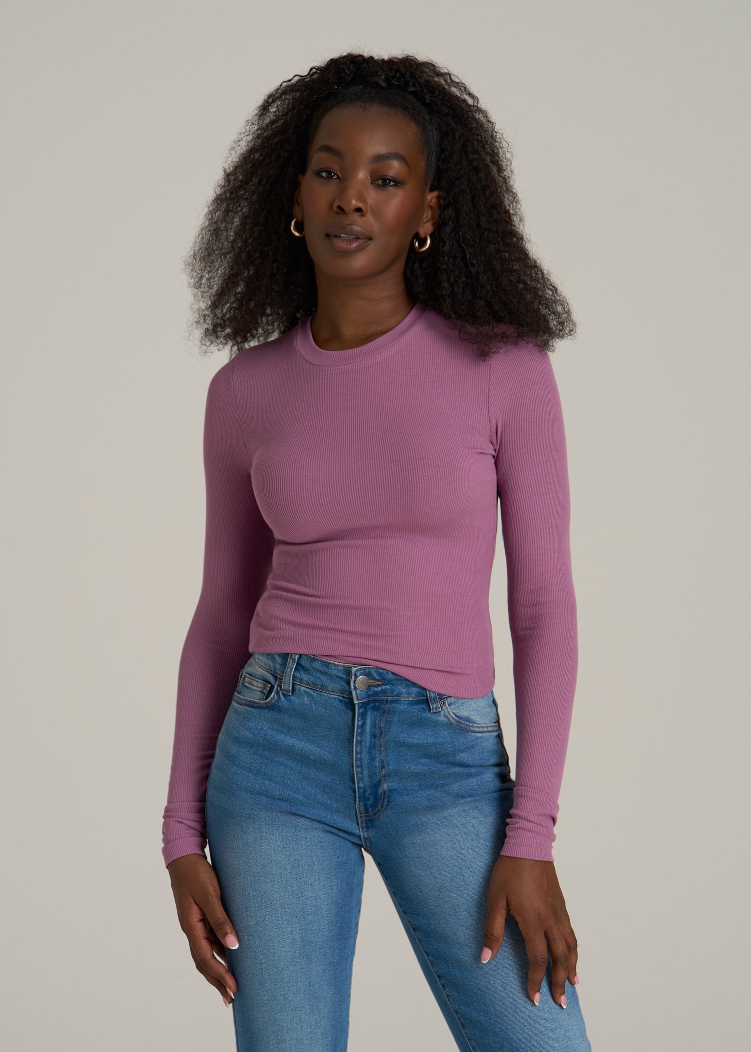 FITTED Ribbed Long Sleeve Tee for Tall Women in Argyle Purple