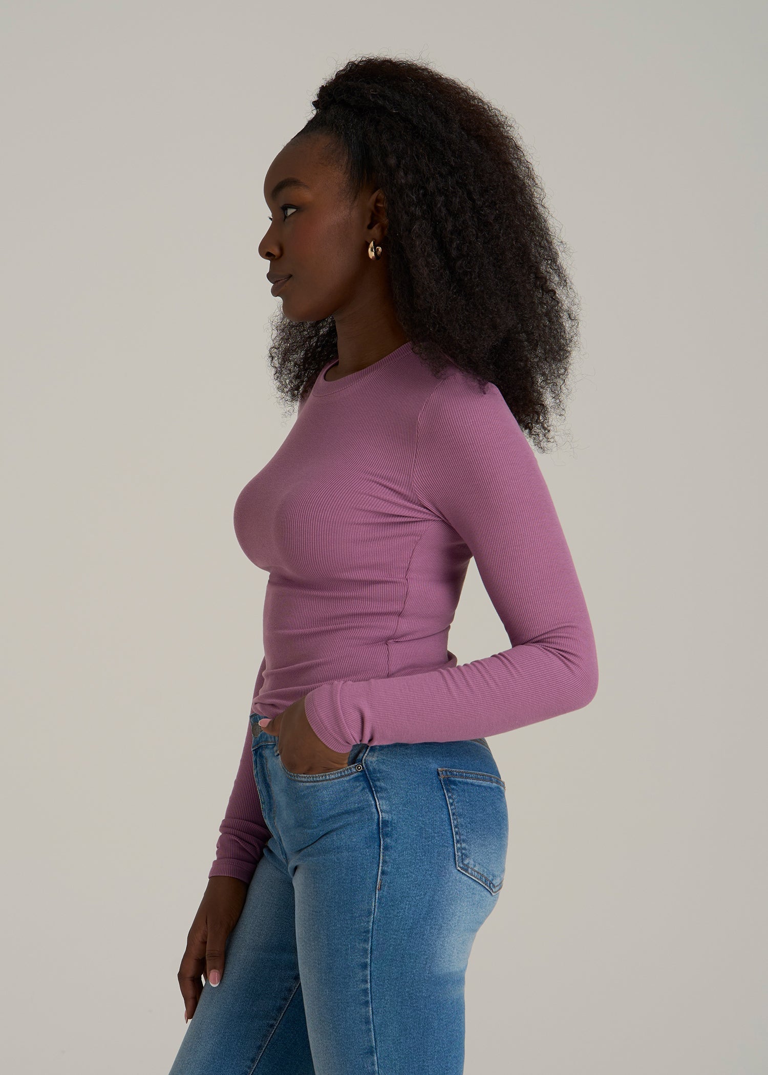 FITTED Ribbed Long Sleeve Tee for Tall Women in Argyle Purple