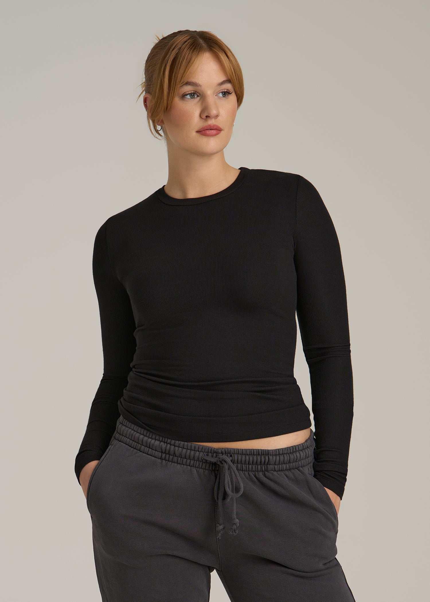 FITTED Ribbed Long Sleeve Tee for Tall Women in Black
