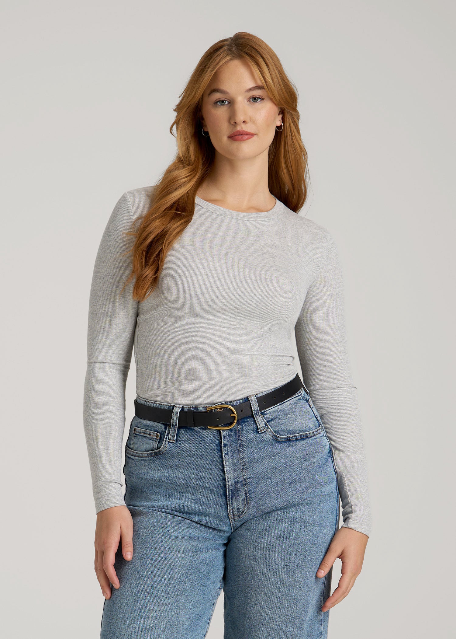 Fitted Ribbed Long Sleeve Crew Neck in Grey Mix