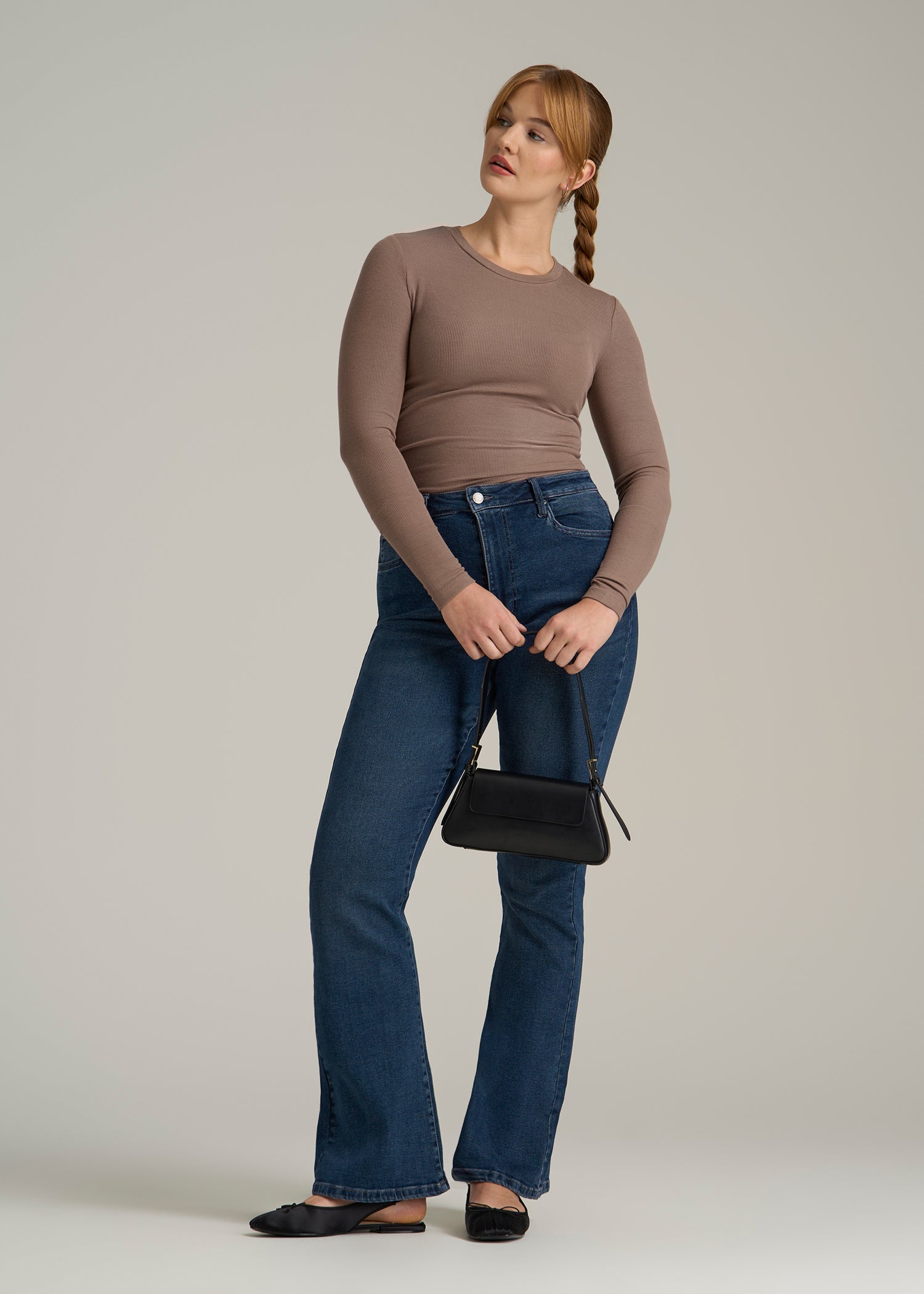 FITTED Ribbed Long Sleeve Tee for Tall Women in Latte