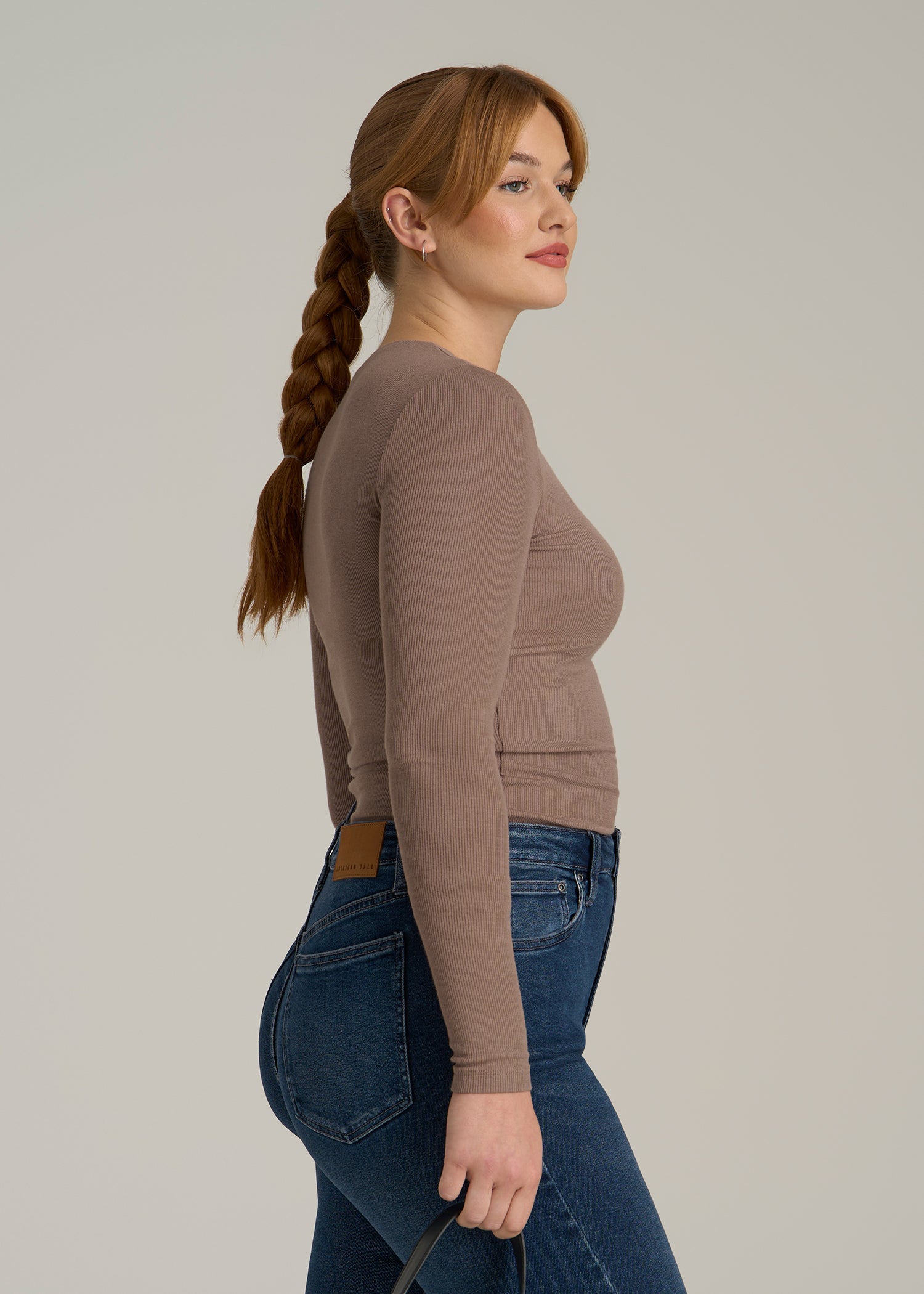 FITTED Ribbed Long Sleeve Tee for Tall Women in Latte