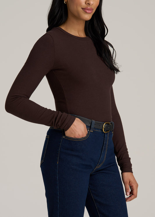 FITTED Ribbed Long Sleeve Tee in Espresso - Tall Women's Shirts