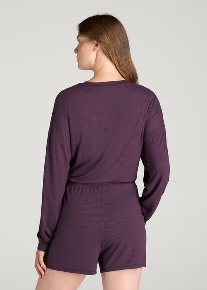 Long Sleeve Ribbed Lounge Romper for Tall Women in Aubergine