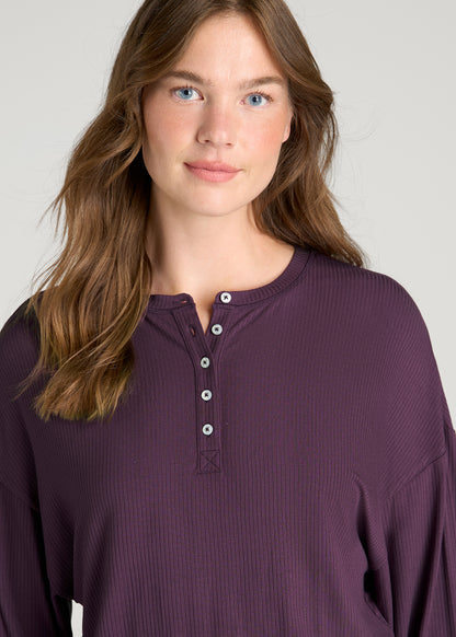 Long Sleeve Ribbed Lounge Romper for Tall Women in Aubergine