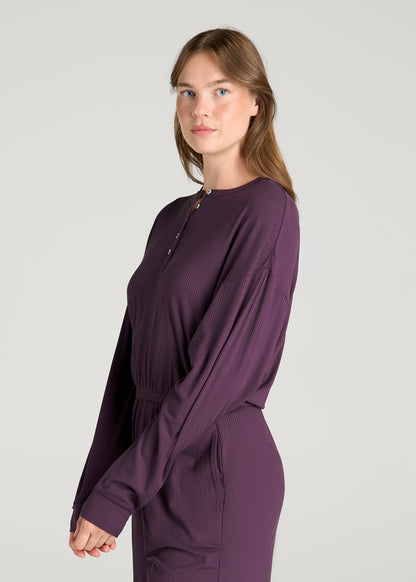 Long Sleeve Ribbed Lounge Romper for Tall Women in Aubergine