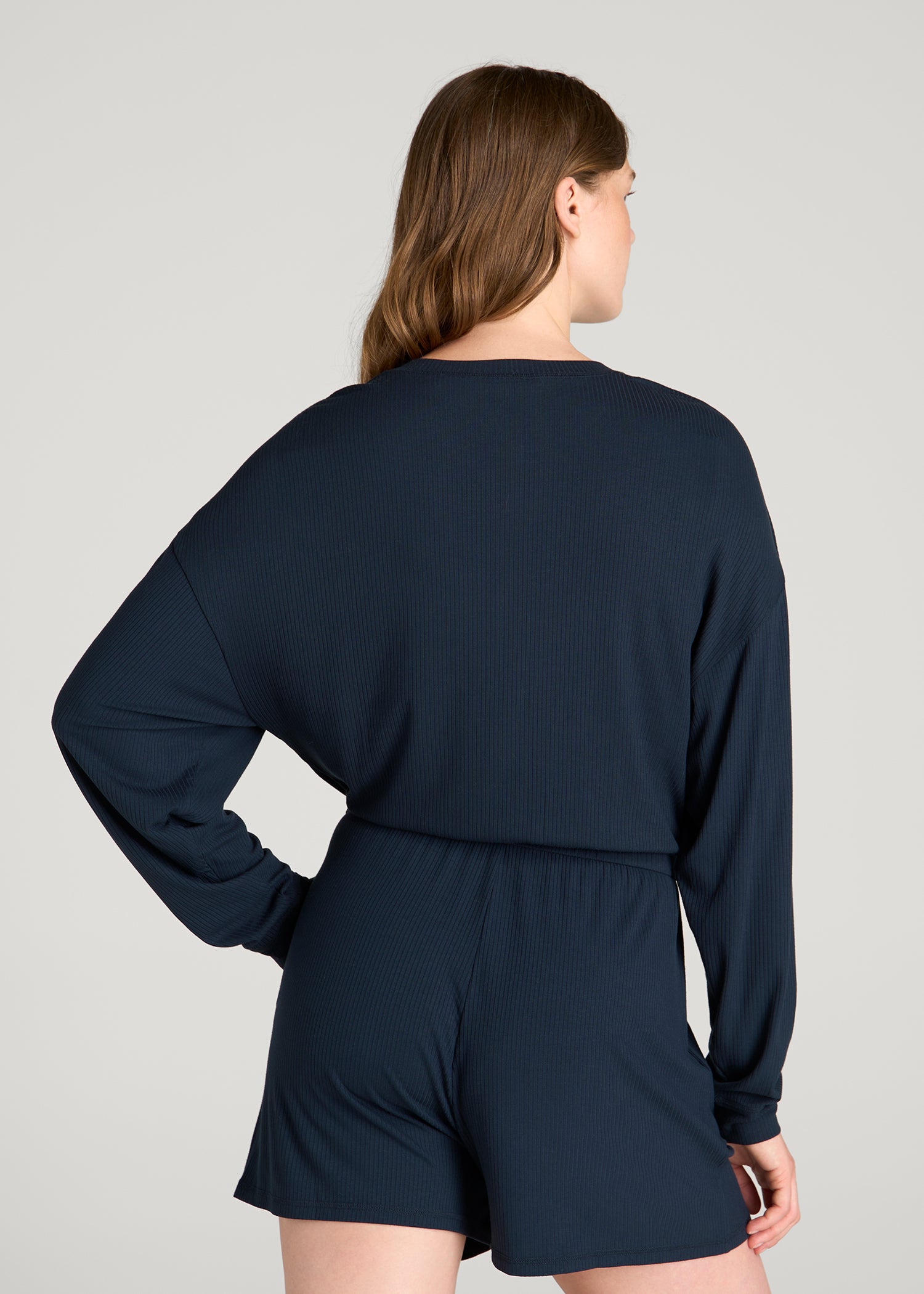 Long Sleeve Ribbed Lounge Romper for Tall Women in Royal Navy