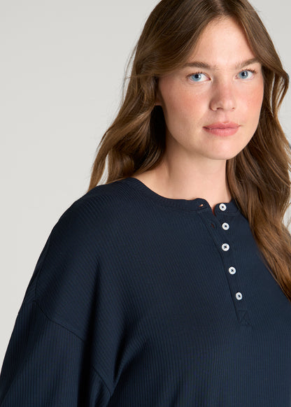 Long Sleeve Ribbed Lounge Romper for Tall Women in Royal Navy