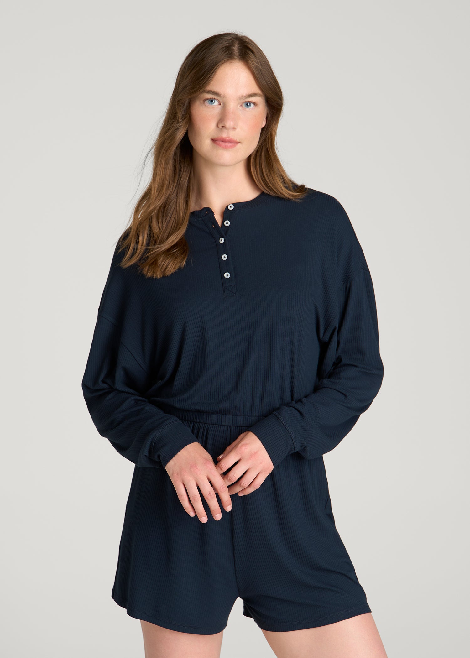 Long Sleeve Ribbed Lounge Romper for Tall Women in Royal Navy