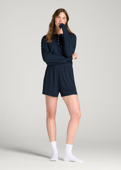 Long Sleeve Ribbed Lounge Romper for Tall Women in Royal Navy