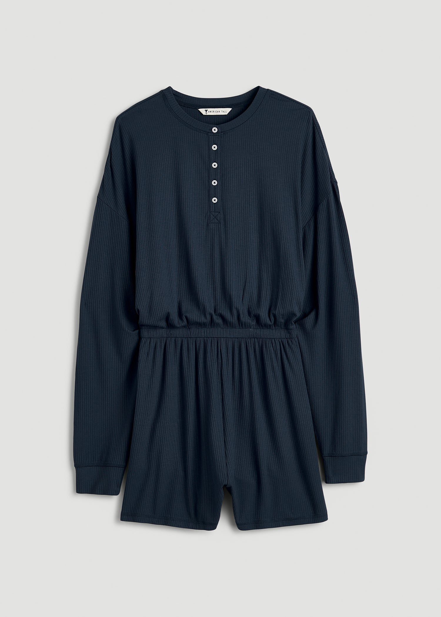 Long Sleeve Ribbed Lounge Romper for Tall Women in Royal Navy
