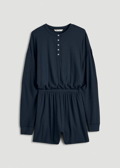 Long Sleeve Ribbed Lounge Romper for Tall Women in Royal Navy