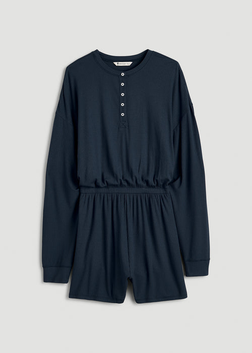 Long Sleeve Ribbed Lounge Romper for Tall Women in Royal Navy