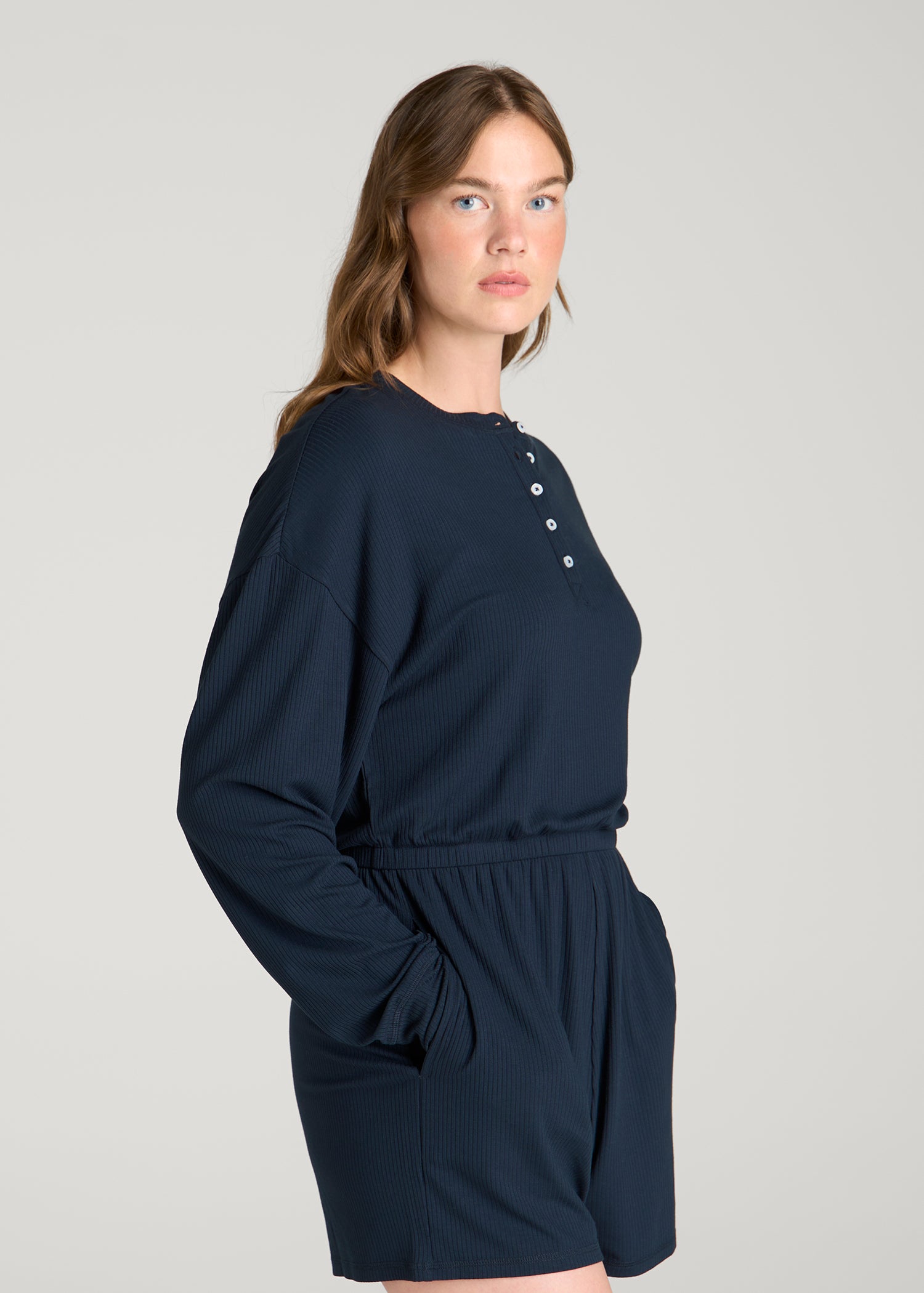 Long Sleeve Ribbed Lounge Romper for Tall Women in Royal Navy